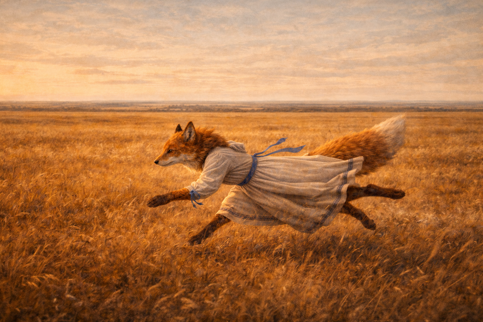 Foxyana running through the golden steppe — toward nothing, toward everything